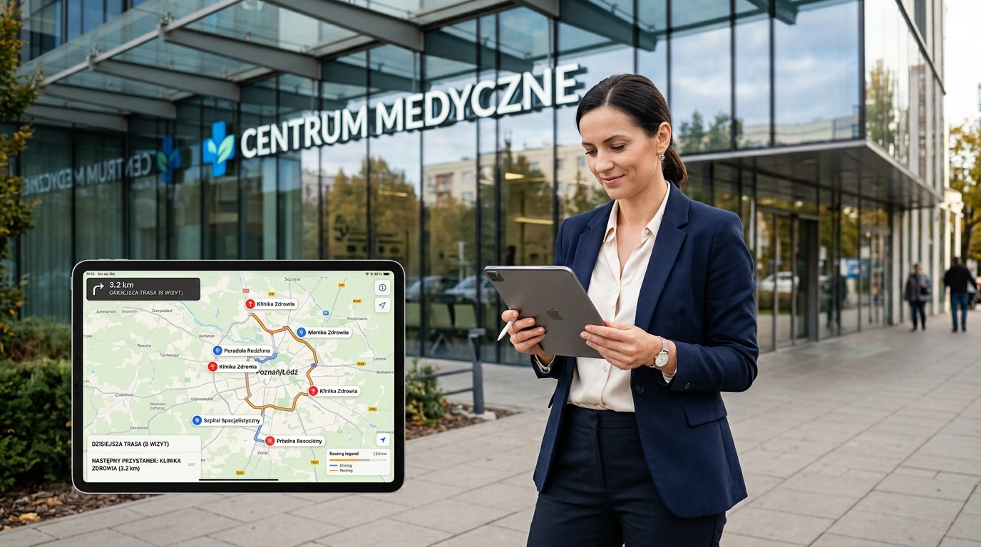 Przedstawiciel medyczny planujący trasę przed Centrum Medycznym